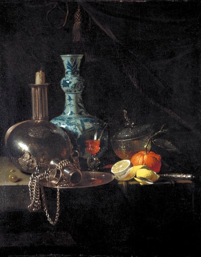 Still life with a pilgrim flask, candlestick, porcelain vase and fruit by Willem Kalf