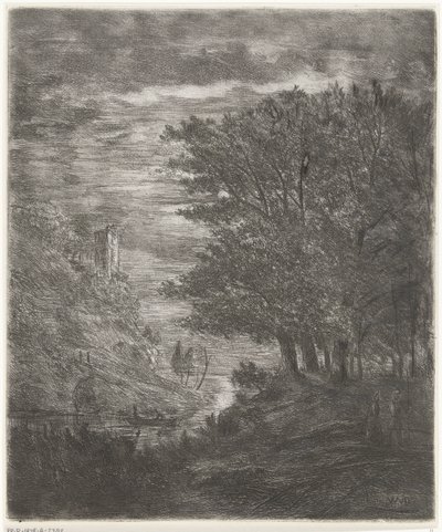 Hilly Landscape with Ruin and Boat on Water by Moonlight by Willem Matthias Jan van Dielen