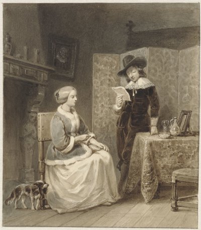Historical Interior with Seated Woman and Standing, Reading Man by Willem Pieter Hoevenaar