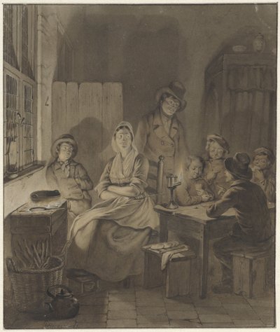 Interior with Group of People Around a Table by Candlelight by Willem Pieter Hoevenaar