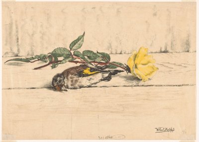 Dead goldfinch lying next to a rose by Willem Roelofs (II) (signed by artist)