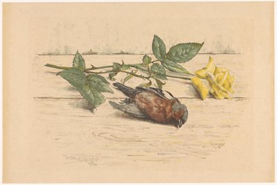 Dead Finch Lying Next to a Rose by Willem Roelofs (II) (signed by artist)