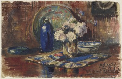 Still Life with Blue Bottle and Vase with Flowers by Willem Roelofs (II)
