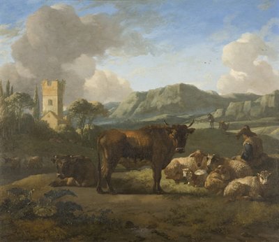Cattle and Herdsmen in a Hilly Landscape by Willem Romeyn