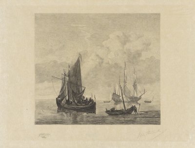 Sailing Ships on Calm Sea by Willem Steelink (II) (signed by artist)