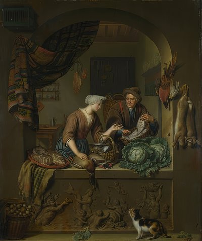 Woman and Fishmonger in the Kitchen by Willem Van Mieris