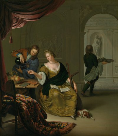 The Neglected Lute: A Lady with a Lute Taking Wine in a Rich Interior by Willem Van Mieris