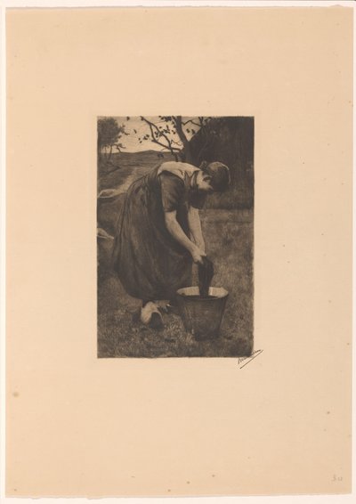 Peasant Woman Washing Textiles in a Bucket by Willem Witsen (signed by artist)