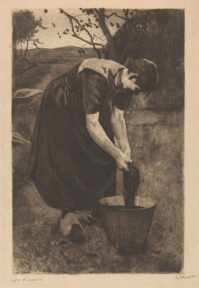 Peasant Woman Washing Textiles in a Bucket by Willem Witsen (signed by artist)
