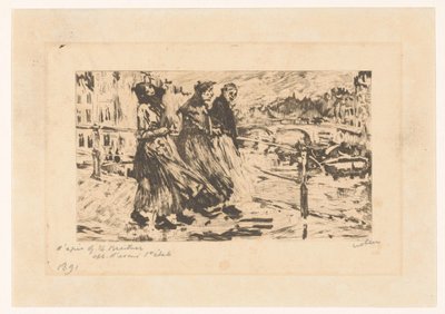 Three Women on a Bridge in Wind and Rain by Willem Witsen (signed by artist)