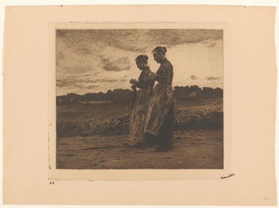 Two Standing Knitters in a Landscape in Ede by Willem Witsen (signed by artist)