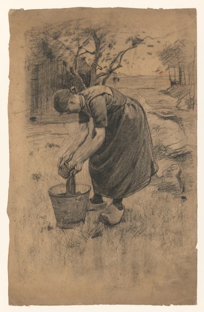 Woman Washing Laundry in a Bucket, in Front of a Farmhouse by Willem Arnoldus Witsen