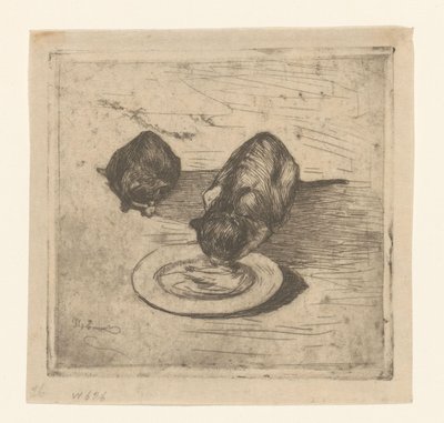 Two Cats, One Drinking from a Plate by Willem de Zwart