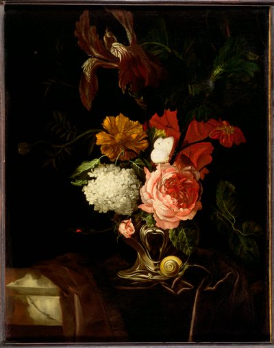 A Rose, an Iris, Lilac and other Flowers in an Auricular Silver Vase with a Snail and a Butterfly on a Draped Ledge by Willem van Aelst