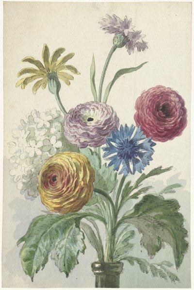 Bouquet of Flowers in the Neck of a Green Vase by Willem van Leen