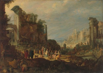 Travellers among Roman Ruins with Rebecca and Eliezer at the Well by Willem van Nieulandt (II) (attributed to)