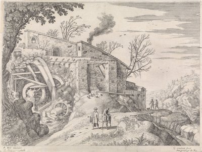 Landscape with a Watermill and the Good Samaritan, Italian Landscapes (series title) by Willem van Nieulandt (II)