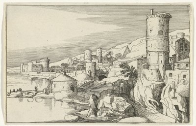 City with Towers by the Water (Roman Ruins and Coastal Landscapes, Series 1) by Willem van Nieulandt (II)