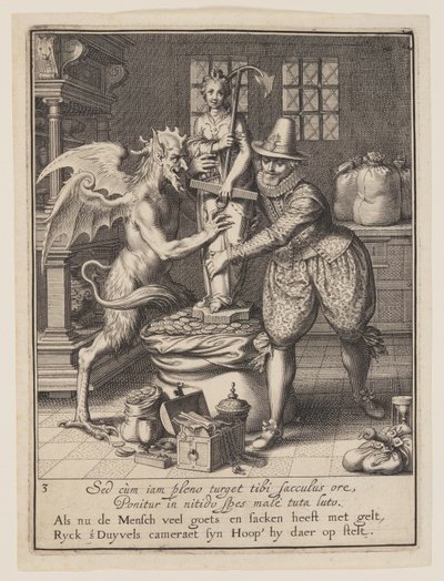 A Man and the Devil Filling a Sack with Money and Setting Up a Statue of Hope, from Allegory of the Misuse of Worldly Property by Willem van Swanenburgh