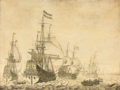 Seascape with the Dutch Men-of-War including the Drenthe and the Prince Frederick-Henry by Willem van de Velde (I)