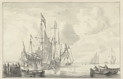 Seascape with Several Ships in Calm Water by the Coast by Willem van de Velde (II)