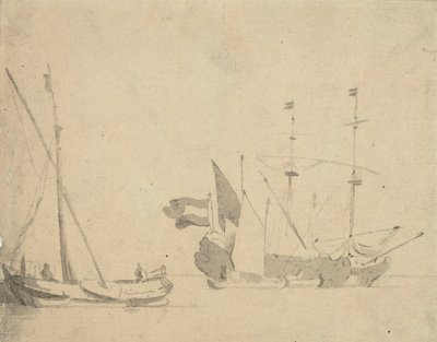 A boeier at a pier and a Dutch ship at anchor, c.1665 by Willem van de Velde the Younger