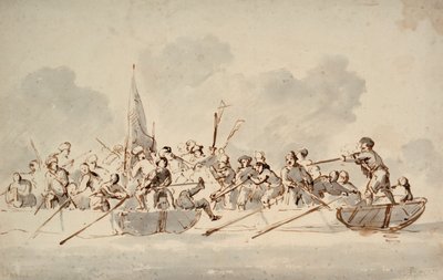 A fight in boats with Barbary pirates by Willem van de Velde the Younger