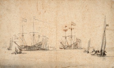 A Kaag Running Free and Two Dutch Flagships at Anchor, c.1665 by Willem van de Velde the Younger