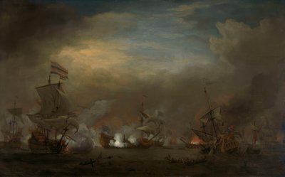 Night Sea Battle between Cornelis Tromp on the Gouden Leeuw and Sir Edward Spragge on the Royal Prince by Willem van de Velde the Younger