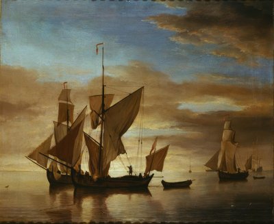 Ships on Calm Sea in Evening Light by Willem van de Velde the Younger