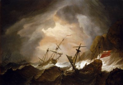 Two British Ships Wrecked in the Storm Near a Rocky Coast by Willem van de Velde the Younger