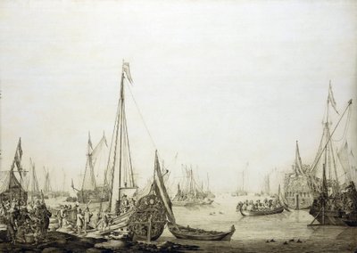 A variety of ships in a crowded port, historically associated with the voyage of Charles II of England to The Hague (Holland) in 1660 by Willem van de the Elder Velde