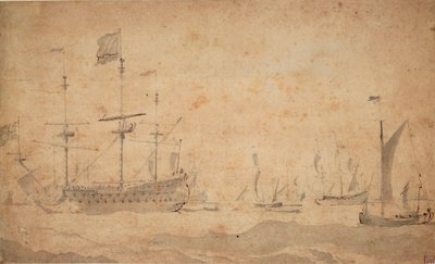 An English Flagship at Anchor, Possibly in June 1673 by Willem van de the Elder Velde