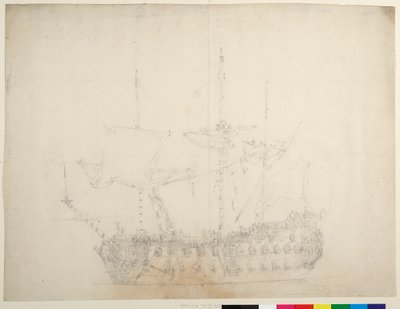 An English Third-Rate 60-Gun Ship Viewed from Close on the Port Bow by Willem van de the Elder Velde