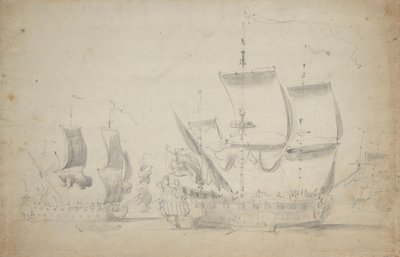 An English two-decker under easy sail, c.1675 by Willem van de the Elder Velde
