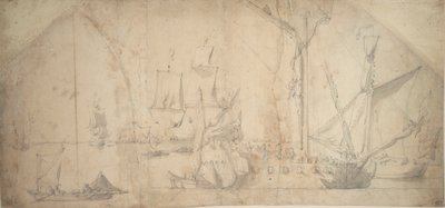 An English yacht at anchor furling sail by Willem van de the Elder Velde