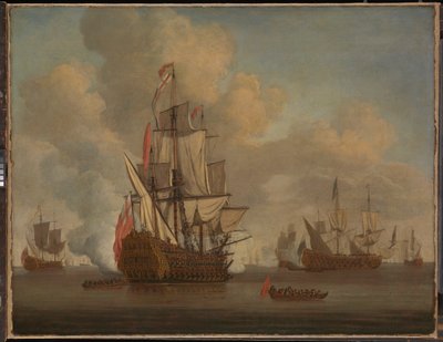 Calm: An English Two-Decker with Sails Loosed Firing a Salute by Willem van de the Elder Velde