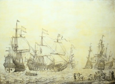 Dutch ships coming to anchor near the shore by Willem van de the Elder Velde