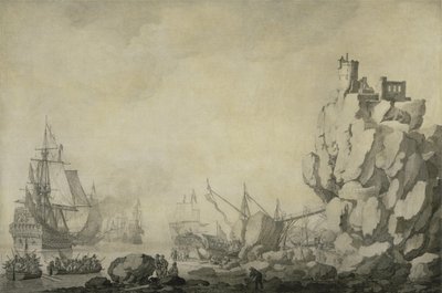 Ships and Militia by a Rocky Shore by Willem van de the Elder Velde