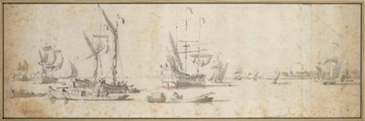 Two doggers and a ship at anchor in a harbor by Willem van de the Elder Velde