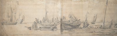 Two kaags ashore on the end of a hard by Willem van de the Elder Velde
