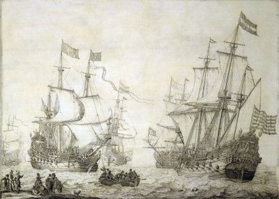 Two merchant ships of the Dutch East India Company, leaving the shore in calm winds by Willem van de the Elder Velde