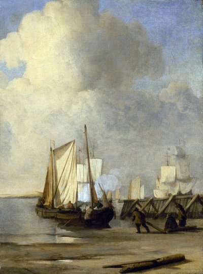 A Kaag on the shore, a Dutch boat used for navigation on inland waterways by Willem van de Velde the Younger