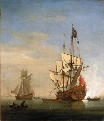 A sixth-rate, a small British warship, firing the cannon in greeting by Willem van de Velde the Younger