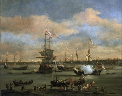British trading ship in a port in the Mediterranean Sea by Willem van de Velde the Younger