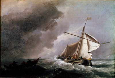 Dutch ship lowering sails waiting for a lifeboat. Painting by Willem Van de Velde the Younger (1633-1707) by Willem van de Velde the Younger