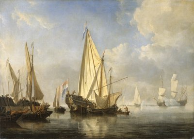 Shipping in a calm with a States Yacht off the end of a pier by Willem van de Velde the Younger