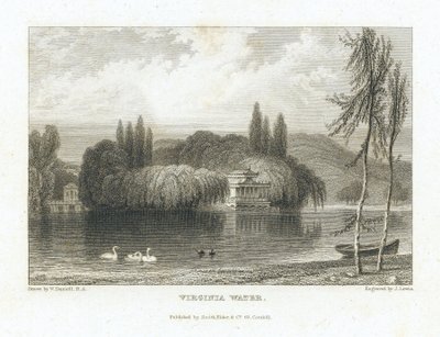 Virginia Water, Lake Surrey (England), Near Windsor, View of the Chinese Pavilion Surrounded by Trees on an Island in the Center of the Lake. Engraving by J. Lewis after William Daniell (1769-1837). by William (after) Daniell