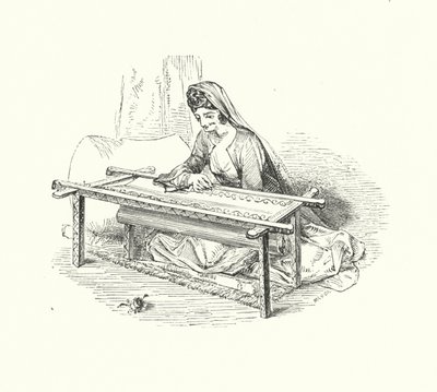 Lady embroidering by William (after) Harvey