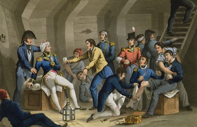 The Cockpit, Battle of the Nile, showing Nelson wounded in the battle, engraved by Matthew Dubourg from 